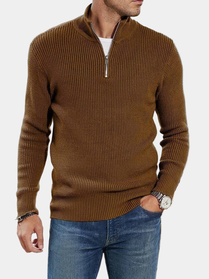 Pull homme côtelé à col montant demi-zip